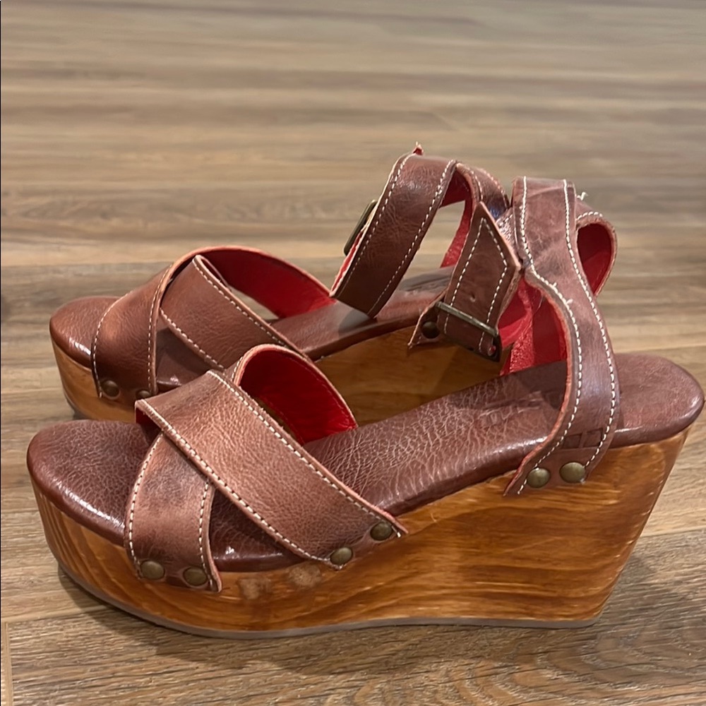 Bed Stu Brown Leather Wedge Sandals